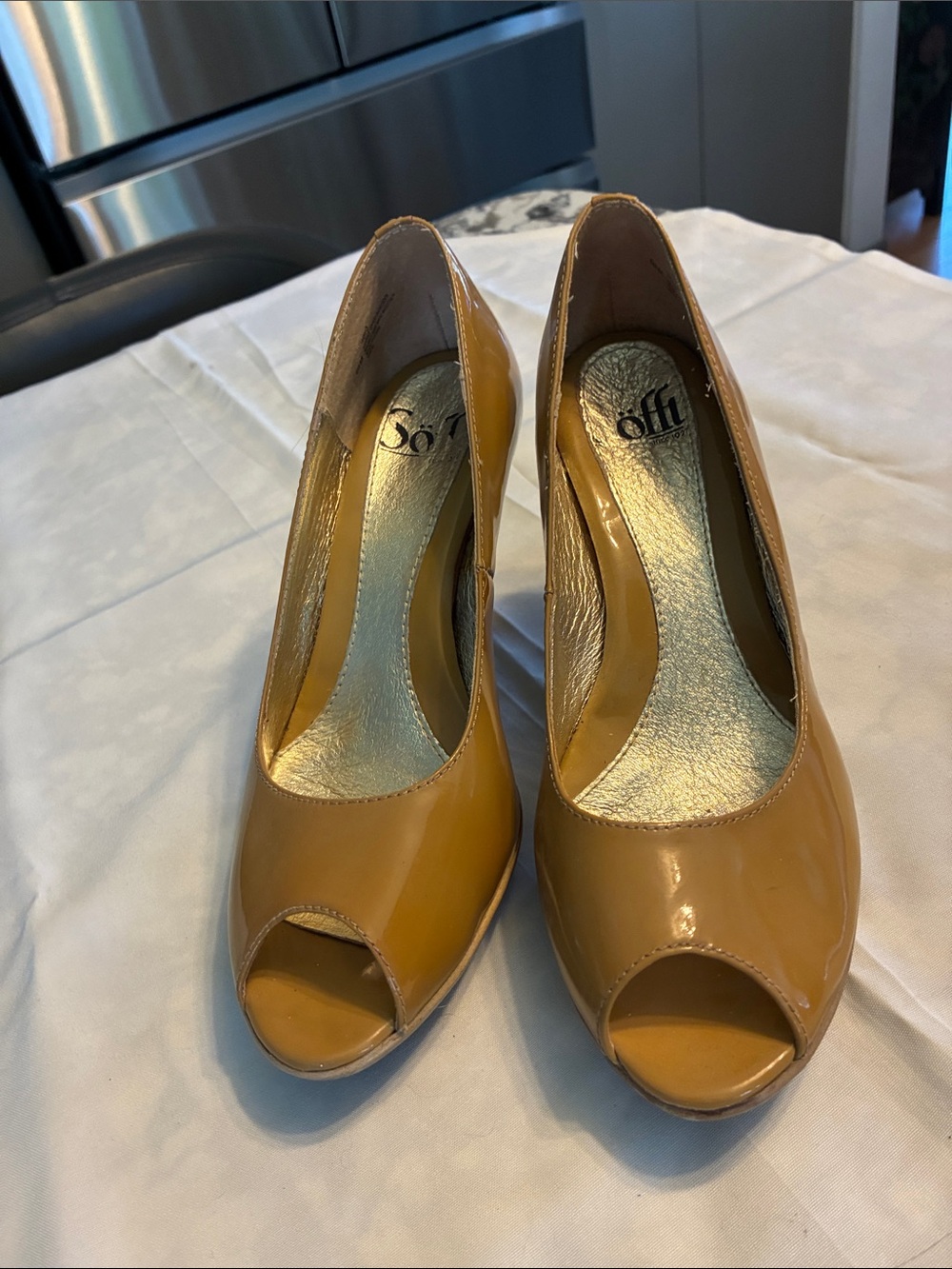 Sofft Patent Leather Peep-Toe Heels in Mustard Yellow